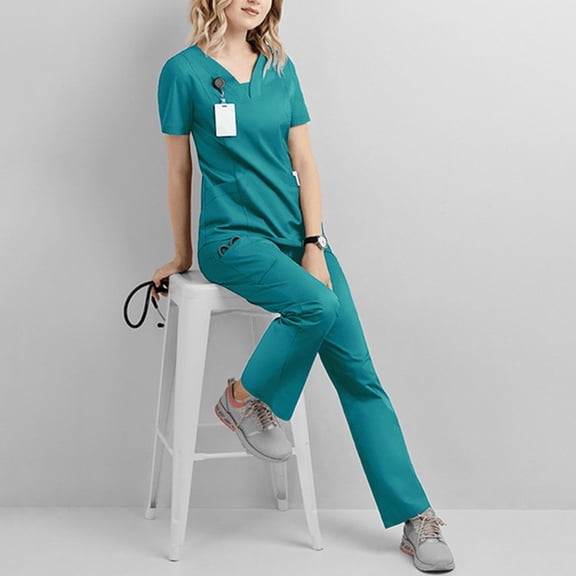 LYMAYTER Women Uniforms Stretchy Uniforms Regular and Petite Set Medical Scrubs Set for S-2XL