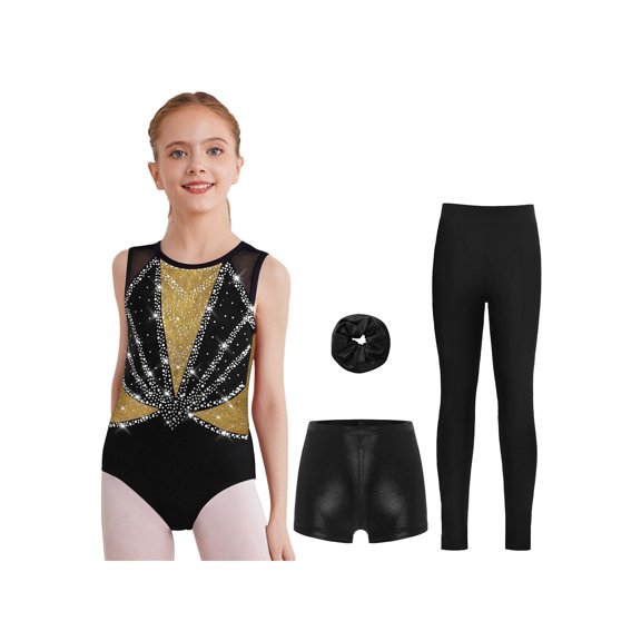 Hansber Kids Girls 4-Piece Gymnastics Leotard Sparkling Figure Ice Skating Outfit with Shorts Leggings Hairband Black Gold 12