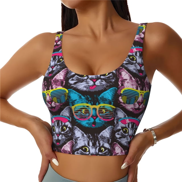 Fotbe Happy Kitten Faces Sujetador Deportivo Largo sin Aros para Mujer con Almohadillas y Soporte Medio, Transpirable y Absorbente, Camiseta Tipo Chaleco o Tank Top-XX-Large