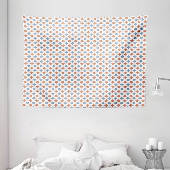 Modern Decor Tapestry, Geometrical Image with Colored Rhombs and Bold Borders Image, Wall Hanging for Bedroom Living Room Dorm Decor, 80W X 60L Inches, White Seafoam and Coral, by Ambesonne
