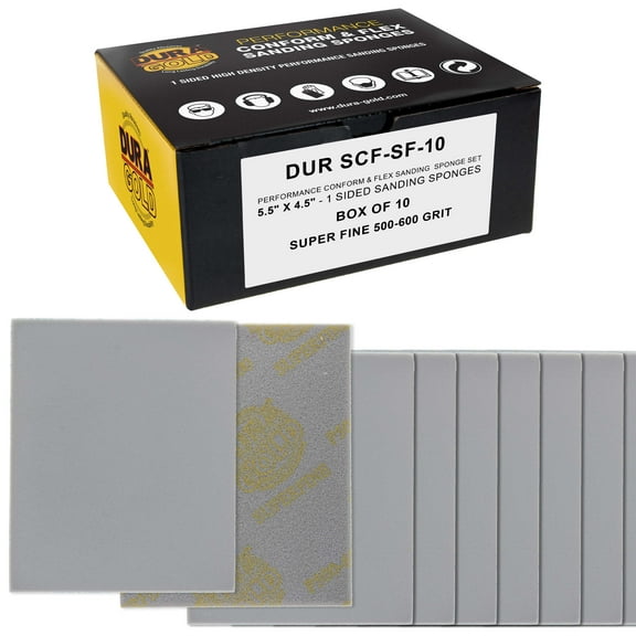 Dura-Gold Superfine Cut Sanding Sponges, Box of 10 - 5.5" x 4.5" (500 to 600 Grit) Performance Conform & Flex Wet or Dry Flexible Softback Sandpaper Sponges, Hand Block - Wood Drywall Auto Paint