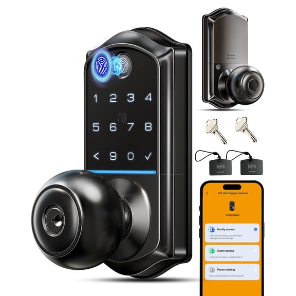 Veise VE018 Fingerprint Keypad Smart Door Knob Handle Lock, Matte Black App Control, Electronic Touchscreen Keypad, Remote Grant Access, Fob Unlock, Auto Lock, Keyless Entry for Front Door, Bedroom
