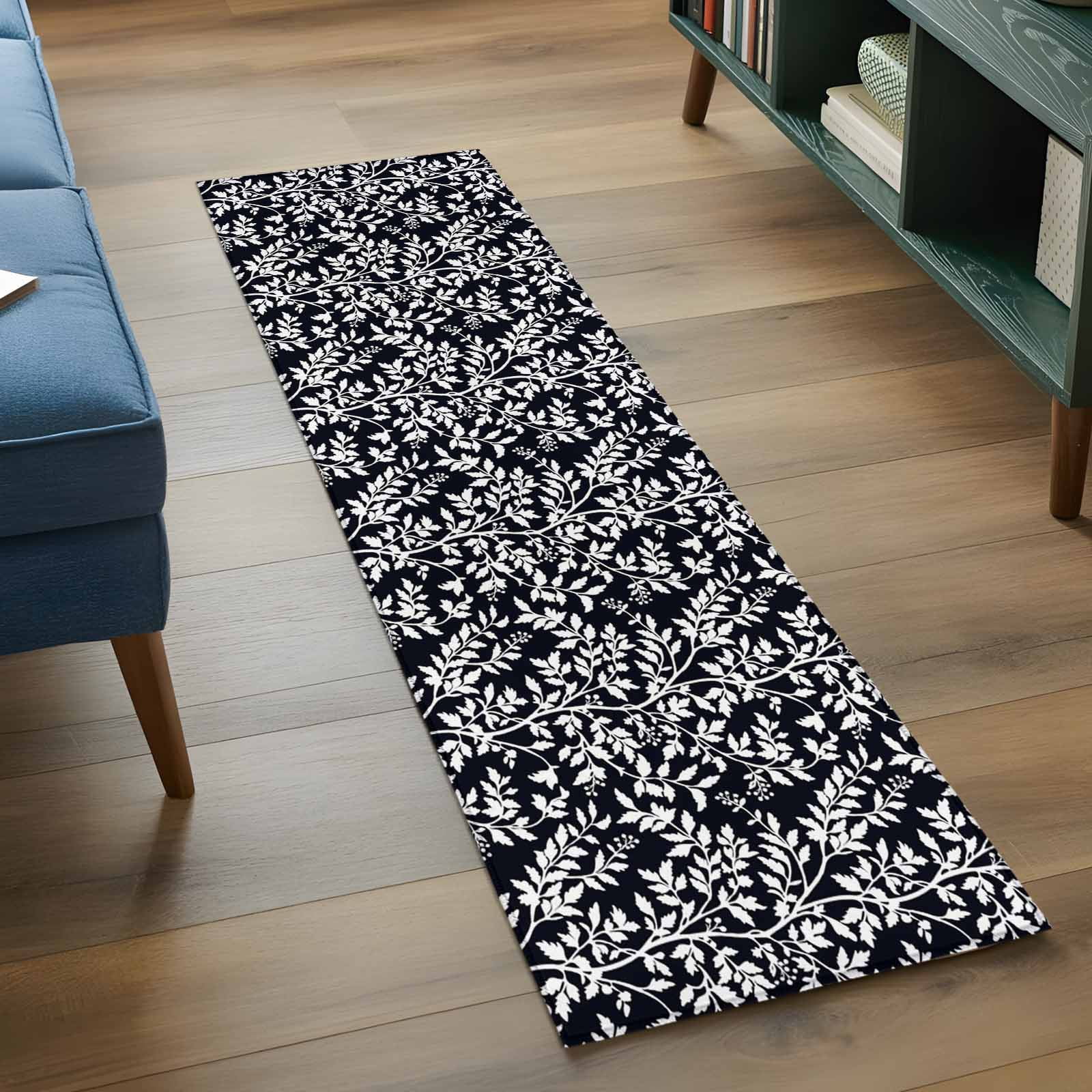 Runner Rug 2'x6', Black Spring Floral Washable Non-Slip Hallway Runner Rugs, Farmhouse Flowers Elegant Pastoral Bedside Rugs Floor Mats Carpet Runners for Kitchen Bathroom Laundry Room