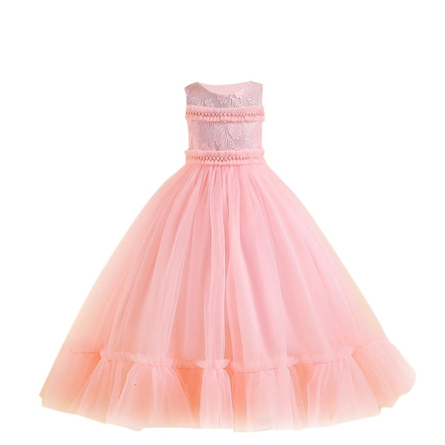 RXIRUCGD 2025 Vêtements d'Été pour Enfants Robe de Princesse Sans Manches Col Rond Couleur Unie Brodée Exquise Perles Robe de Soirée Robe de Banquet