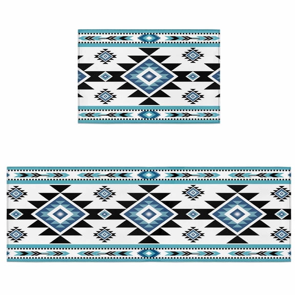Kitchen Rugs and Mats 2 Pieces Blue Boho Runner Rug Sets Bohemian Native Southwest Ethnic Soft Comfort Standing Kitchen Mats for Floor Absorbent Area Rugs Carpet Non Slip Cushioned Doormat