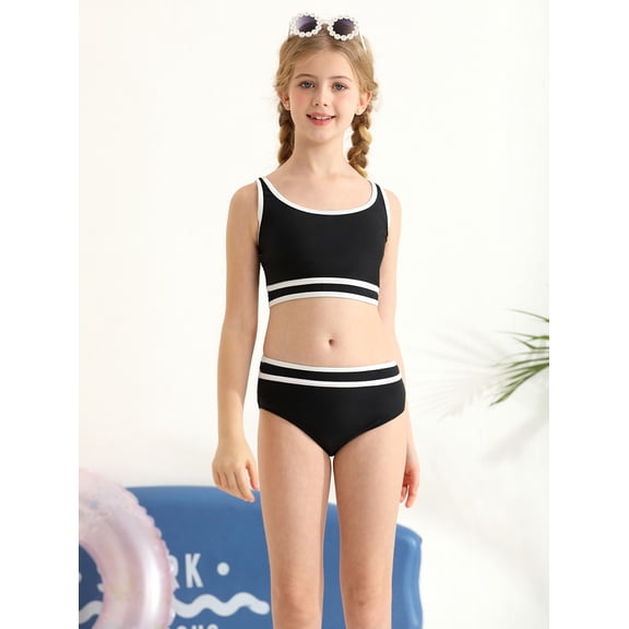 Usaibhir Girls Swimsuit Two Piece High Waist Athletic Piping Girls Bathing Suit Cute Fashion Classic Bikinis Set Kids Swim Suits 9-15T