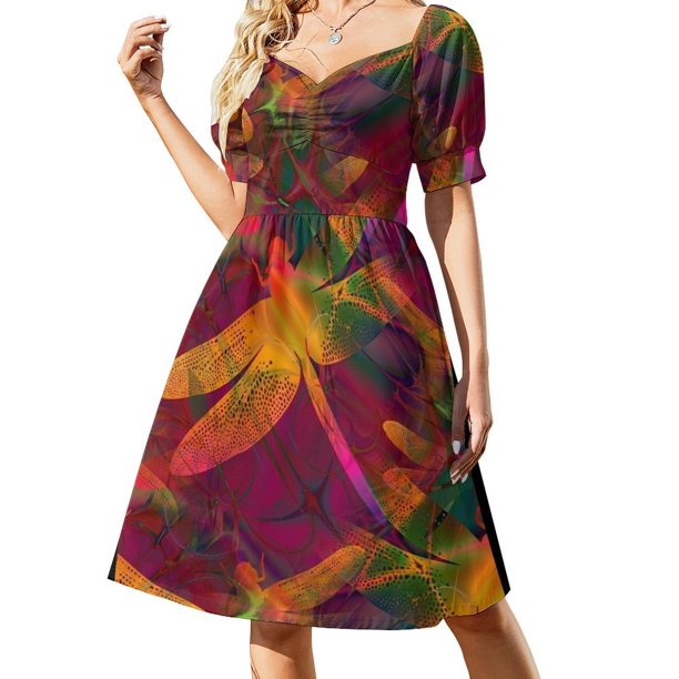 Vestido de manga corta magenta dorado con diseño de libélula colorida vestidos de noche para mujer ropa femenina