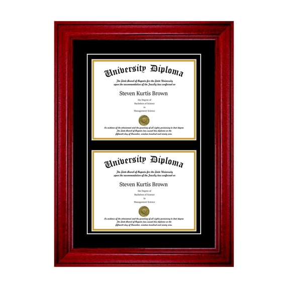 Double Diploma Frame with Double Matting for 9" x 7" Tall Diploma with Cherry 2" Frame