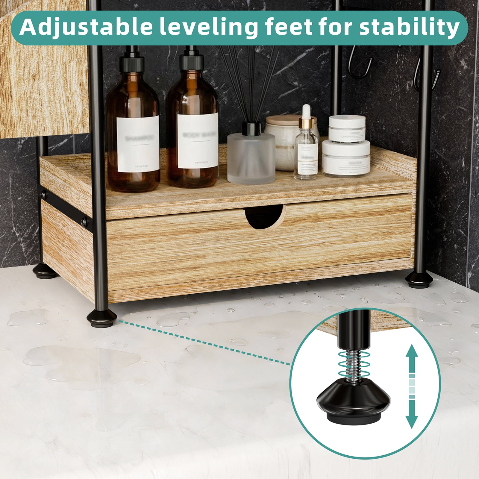 2 Tier Bathroom Counter Organizer with Drawer, Wooden Vanity Skincare Storage Shelf with Thickened Iron Frame, Countertop Shelves with Basket and Hooks for Bathroom Makeup Organization (Light Brown)