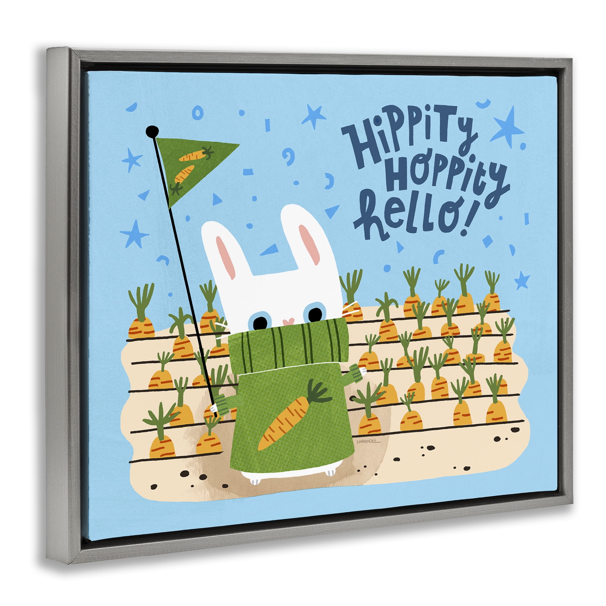 Stupell Industries Hippity Hoppity Hello Bunny Animals Painting Gray Floater Framed Canvas Art Print Wall Art, 31 x 25