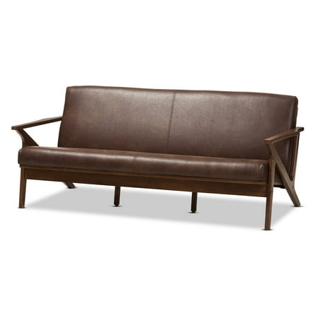 Baxton Studio Bianca Mid-Century Modern Walnut Wood Dark Brown Distressed Faux Leather 3-Seater Sofa