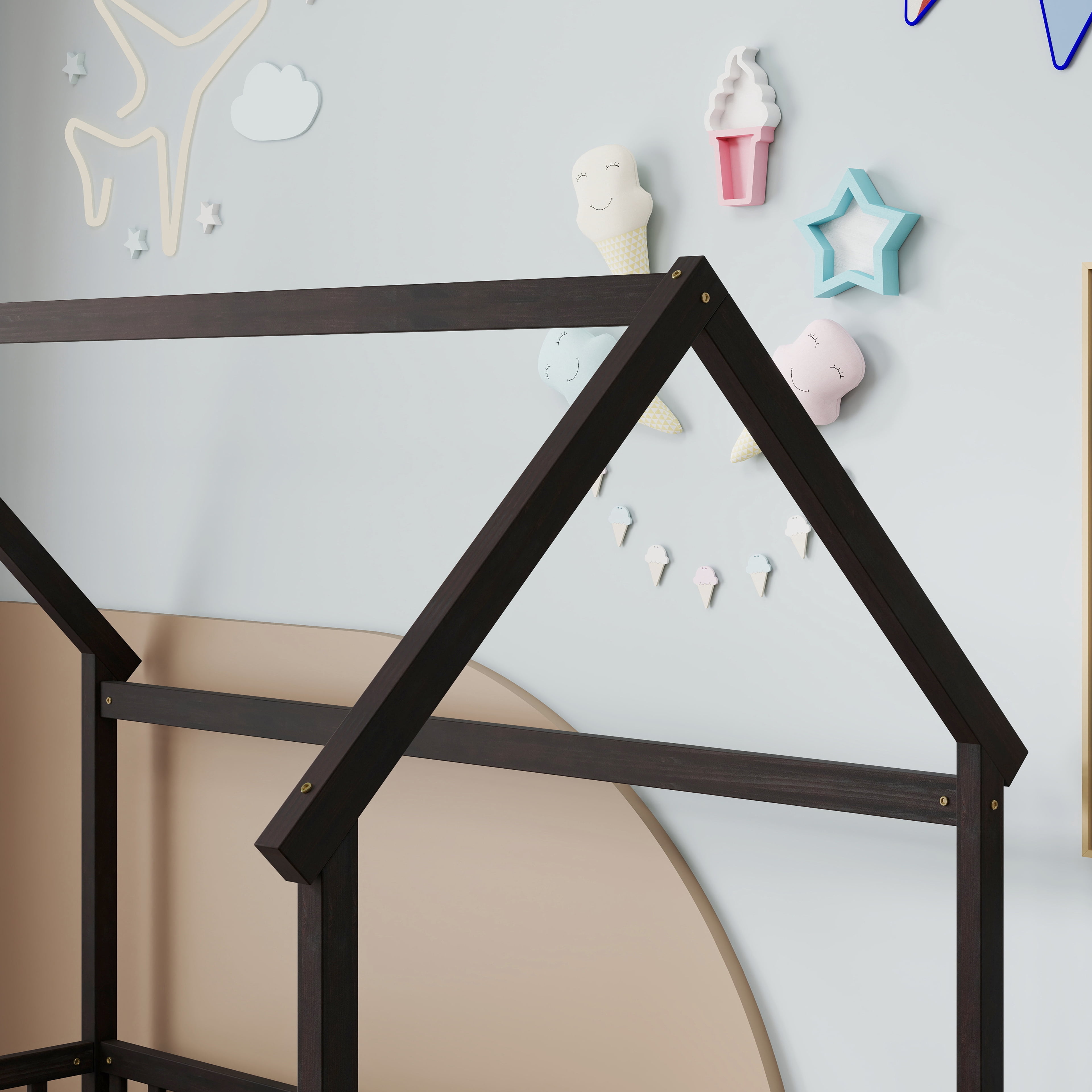 Twin Size House Floor Bed with Roof Frame, Pine Wood Floor Bed with Safety Guardrails, Espresso