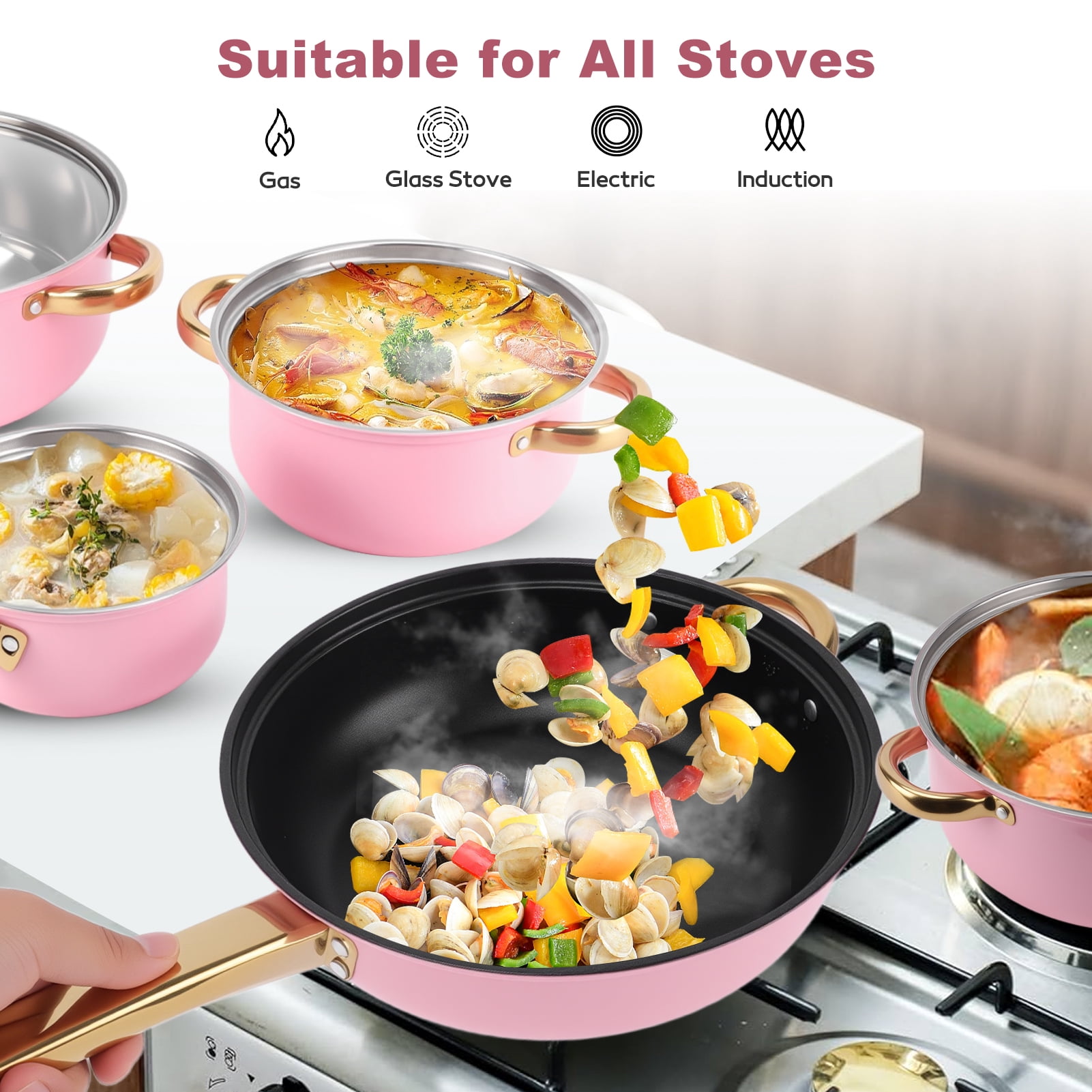 12 Piece Stainless Steel Cookware Set, Nonstick Cookware Set, Kitchen Pots and Pans Tea Kettle Set with Glass Lid for Cooking, Dishwasher, Pink