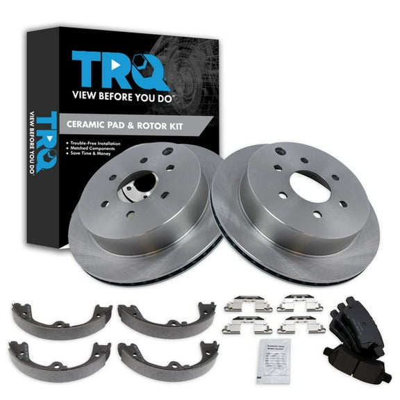 TRQ Rear Brake Pad & Rotor Kit Brake Pads Brake Rotor Parking Brake Shoe Set Ceramic Fits Select 2006-2007 Nissan Xterra