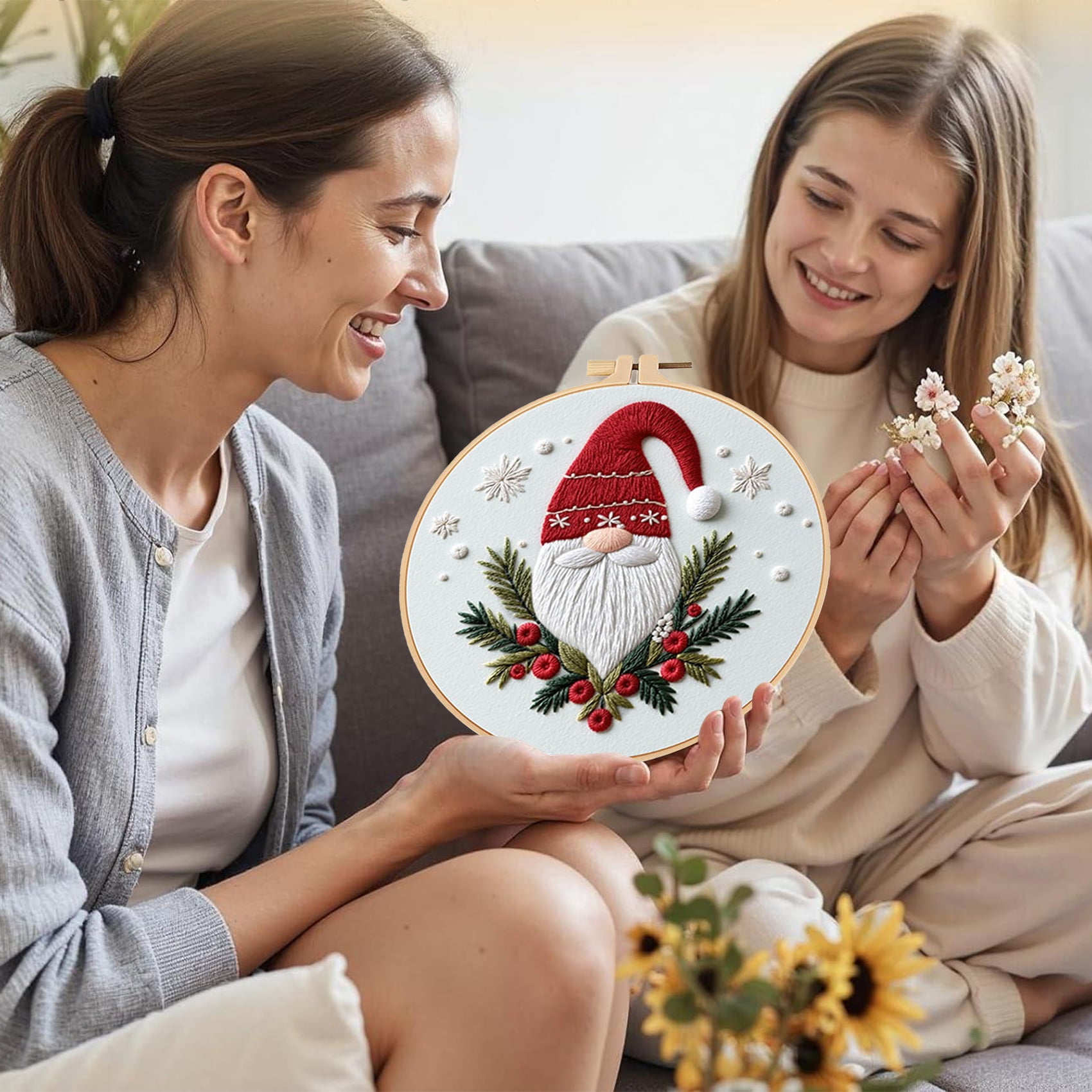 HVEST 3 Pack Christmas Embroidery Kit for Beginners - Xmas Tree & Gnome with Embroidery Pattern, Hoop, Complete Cross Stitch Supplies (Needle/Threads/Scissors) DIY Craft for Adults Sewing Hobby