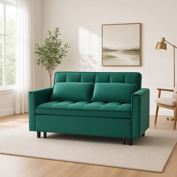Modern Velvet Sofa, Sofa Pull-Out Bed, Small Loveseat Casual Sofa with Back, with Pillow, Pockets, Living Room Furniture, 3-in-1 Convertible Sleep Sofa Bed,Green