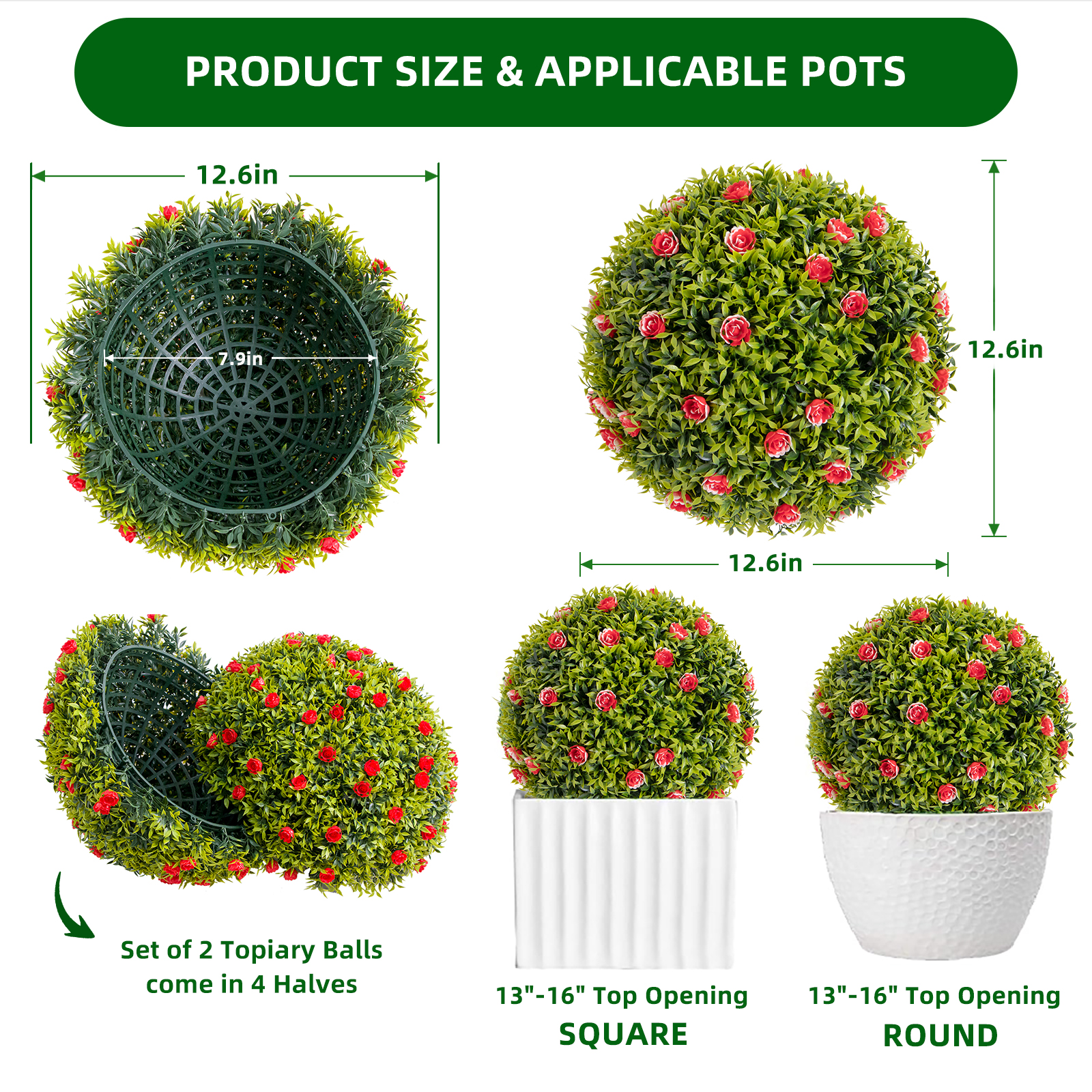 4Pcs Artificial Boxwood Topiary Ball with Flowers - 12.6" Faux Greenery for Outdoor Planters, Porch & Patio Decor