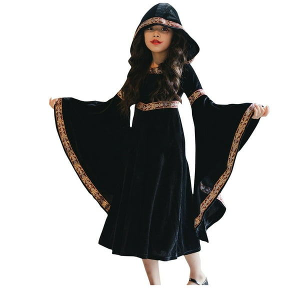 Odeerbi Kids Girls Halloween Dresses Role Play Stage Performance Dress Outfits New Pattern Long Sleeve Velvet Court Style Dress Black