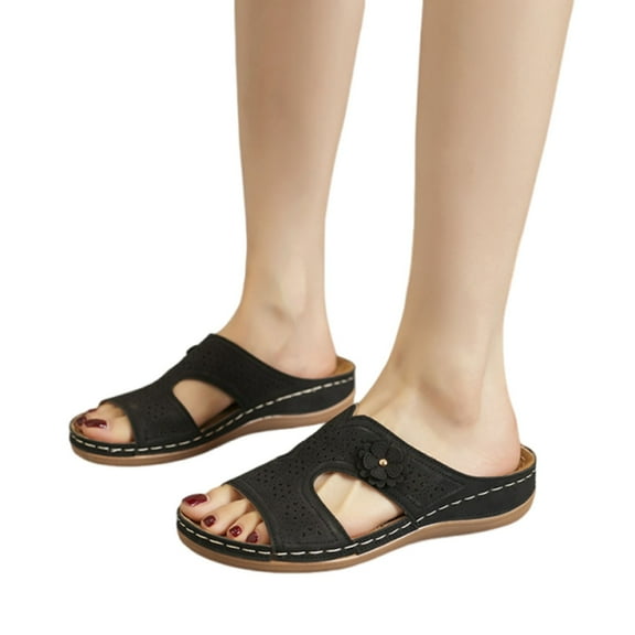 THDHVS Black Sandals Women,Sandals for Women 2025,Women's Fashion Casual Summer Hollow Flower Thick-Soled Slippers One-Line Wedge Heel Beach Sandals Black 6
