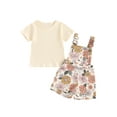 thumbnail image 2 of Aojekbee Toddler Girl Summer Outfit Solid Color Ribbed Short Sleeve Tops and Flower Print Suspender Shorts Overalls 2Pcs Clothes Set, 2 of 10