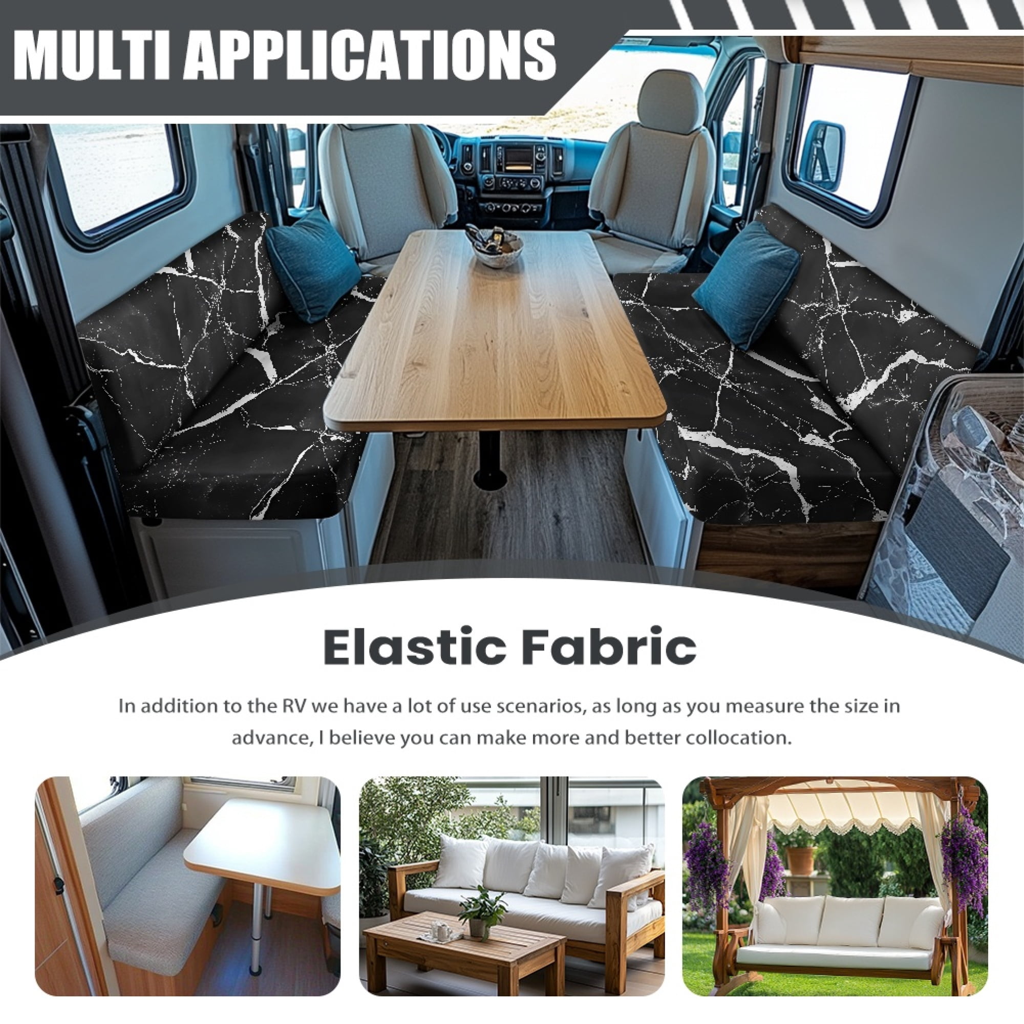 Yuyamidu Black Marble Print RV Dinette Cushion Covers Stretch RV Couch Cover Replacement for RV Camper Car Bench 1 Backrest Covers and 1 Bench Covers
