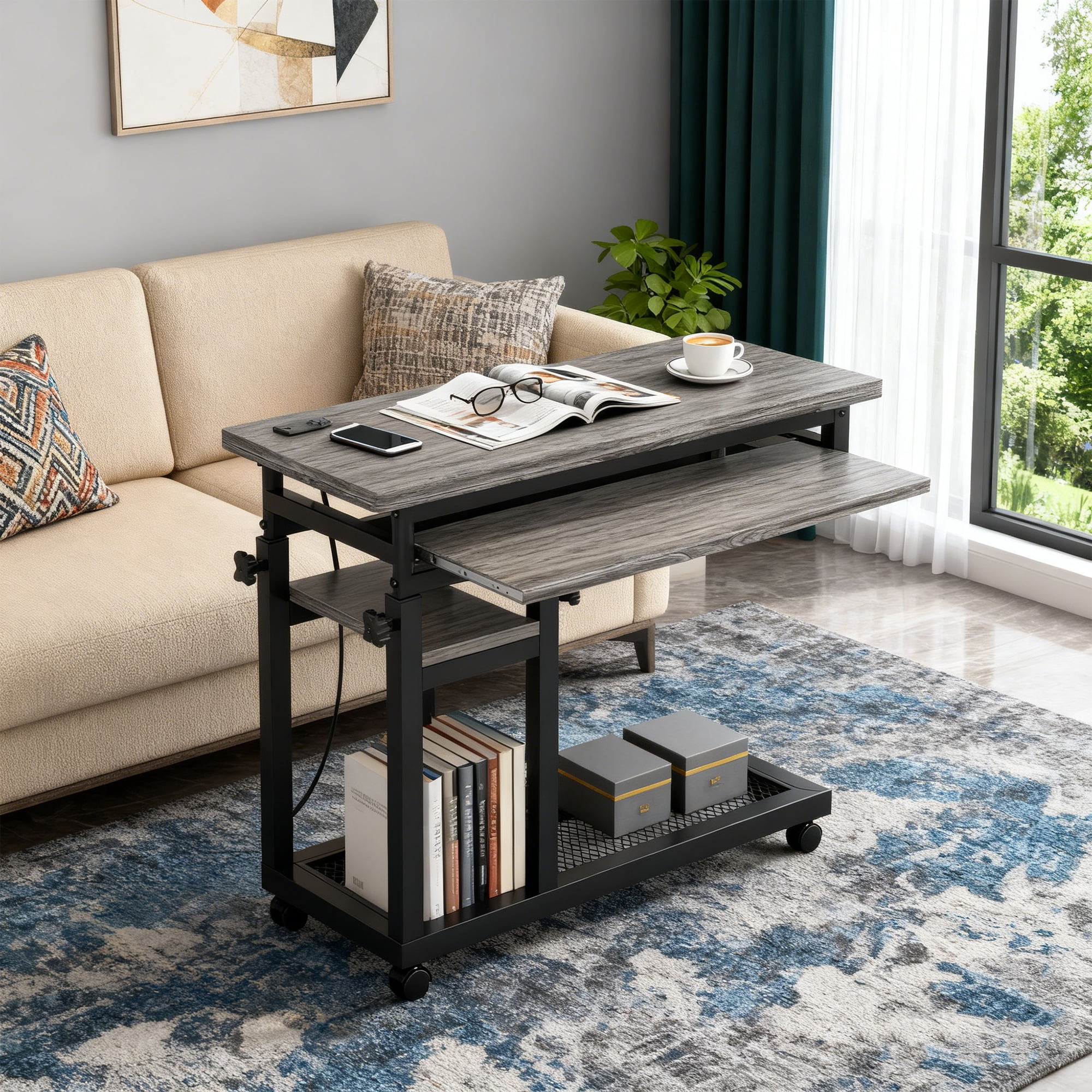 KIOOTTO Height Adjustable C-Shaped Mobile Desk with Power Outlet, USB Ports, Keyboard Tray and Wheels, Grey