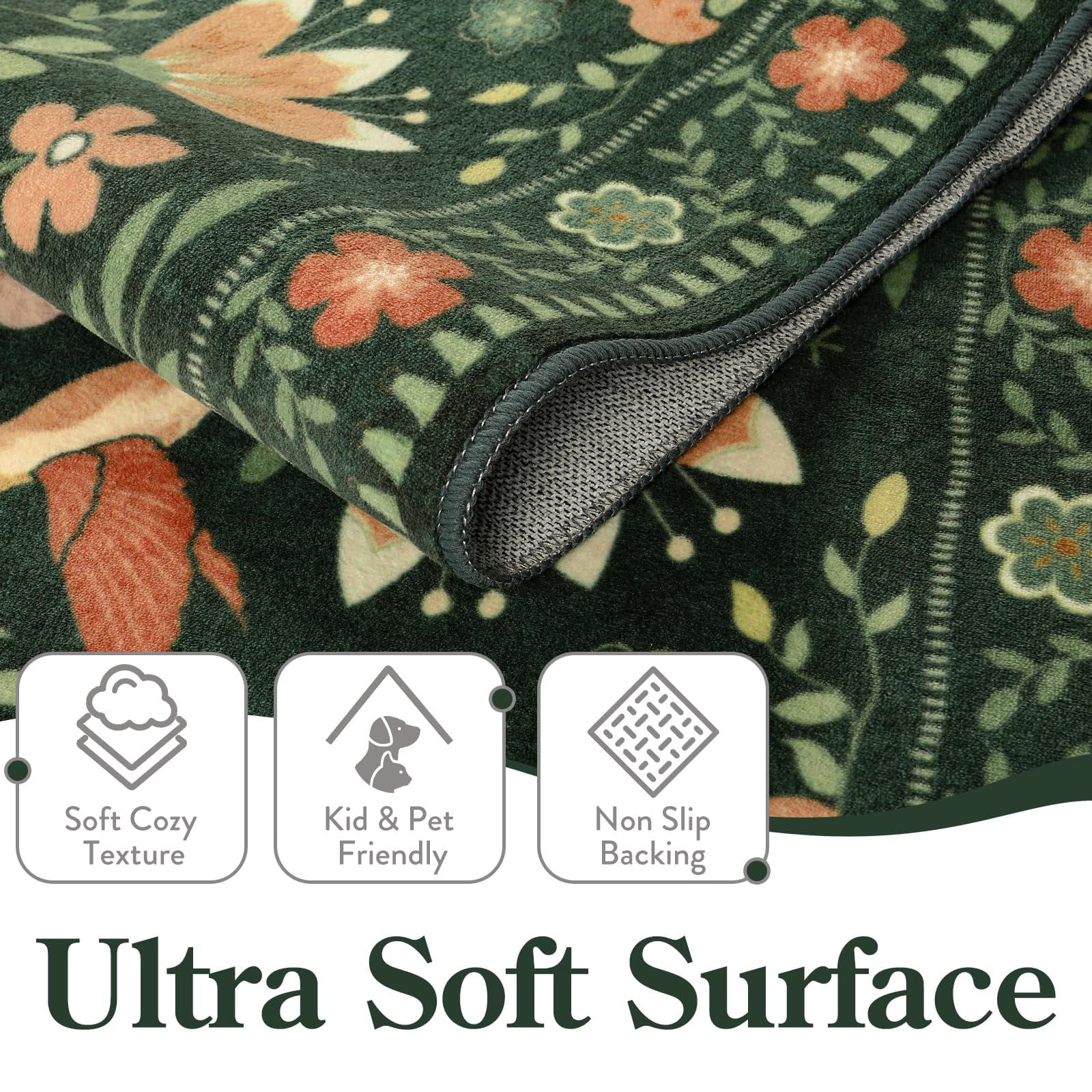 Lahome Decor 6'x9' Boho Bird Area Rugs,Floral Rug for Living Room Machine Washable,Soft Indoor Carpet,Non-Slip Low Pile for Bedroom Dining Room Playroom Office,Green