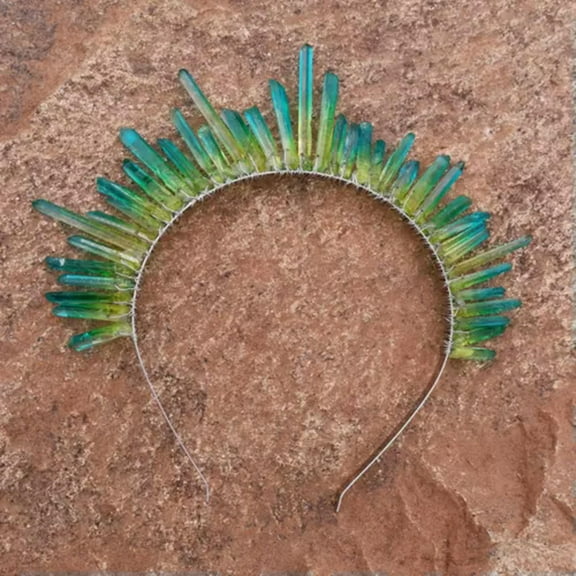HOOUN Goddess Bridal Crown Raw Crystal Quartz Tiara Queen Party Headband Hair Hoop-Green Gradient