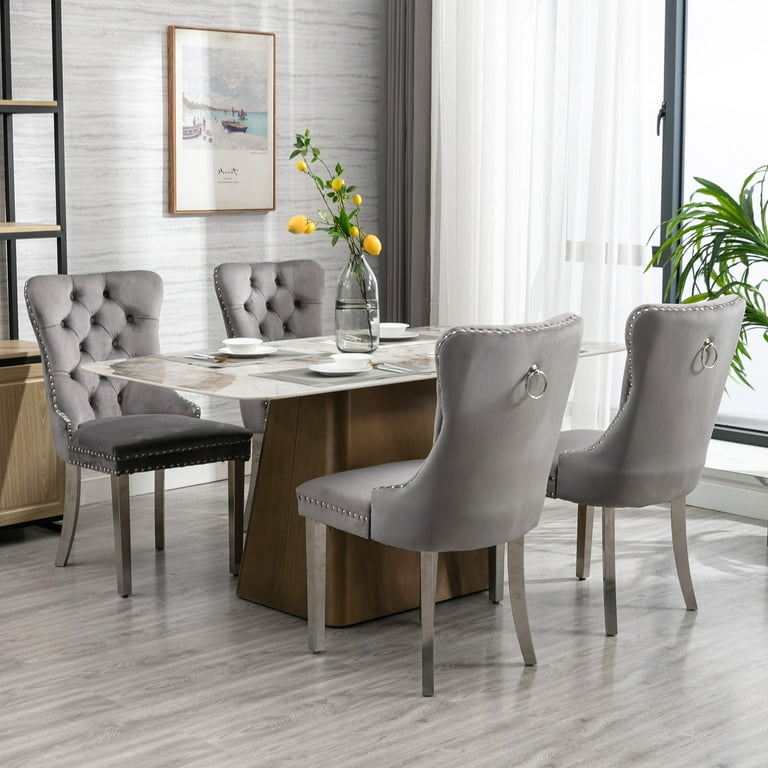 ODUSE DAILY Grey Velvet Dining Chairs Set of 6 Kitchen Dining Room Chairs Nailheads Tufted Sillas De Comedor Fabric Upholstered Silver Chrome
