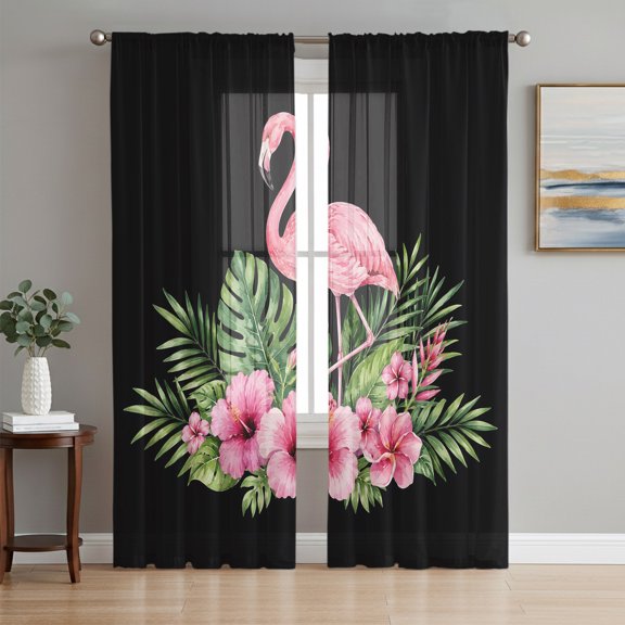 Pink Floral Flamingos Sheer Curtains 72 Inch Length 2 Panels Set, Summer Botanical Black Tropical Voile Window Treatment Rod Pocket Curtains Sheers Drapes for Bedroom/Living Room/Kitchen 52"x72"x2