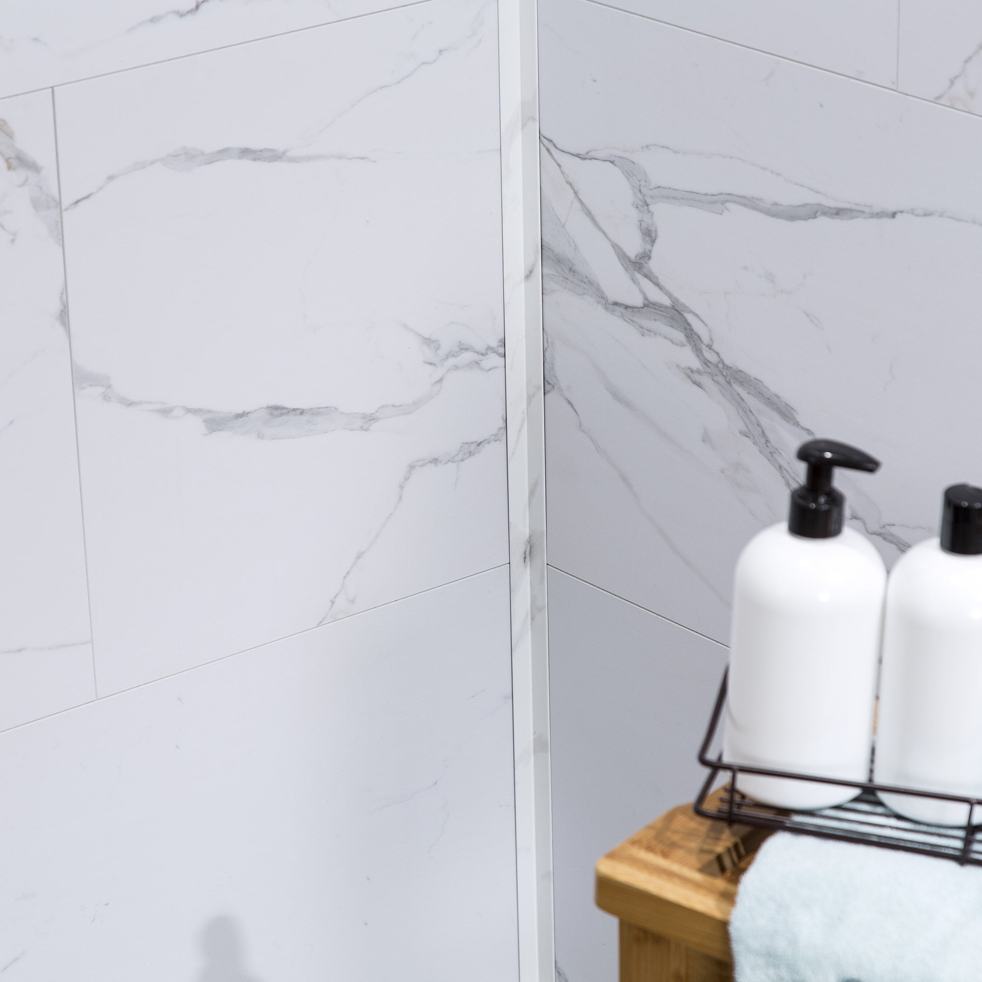 Palisade 25.6in x 14.8in Vinyl Wall Tile Shower Kit in Carrara Marble