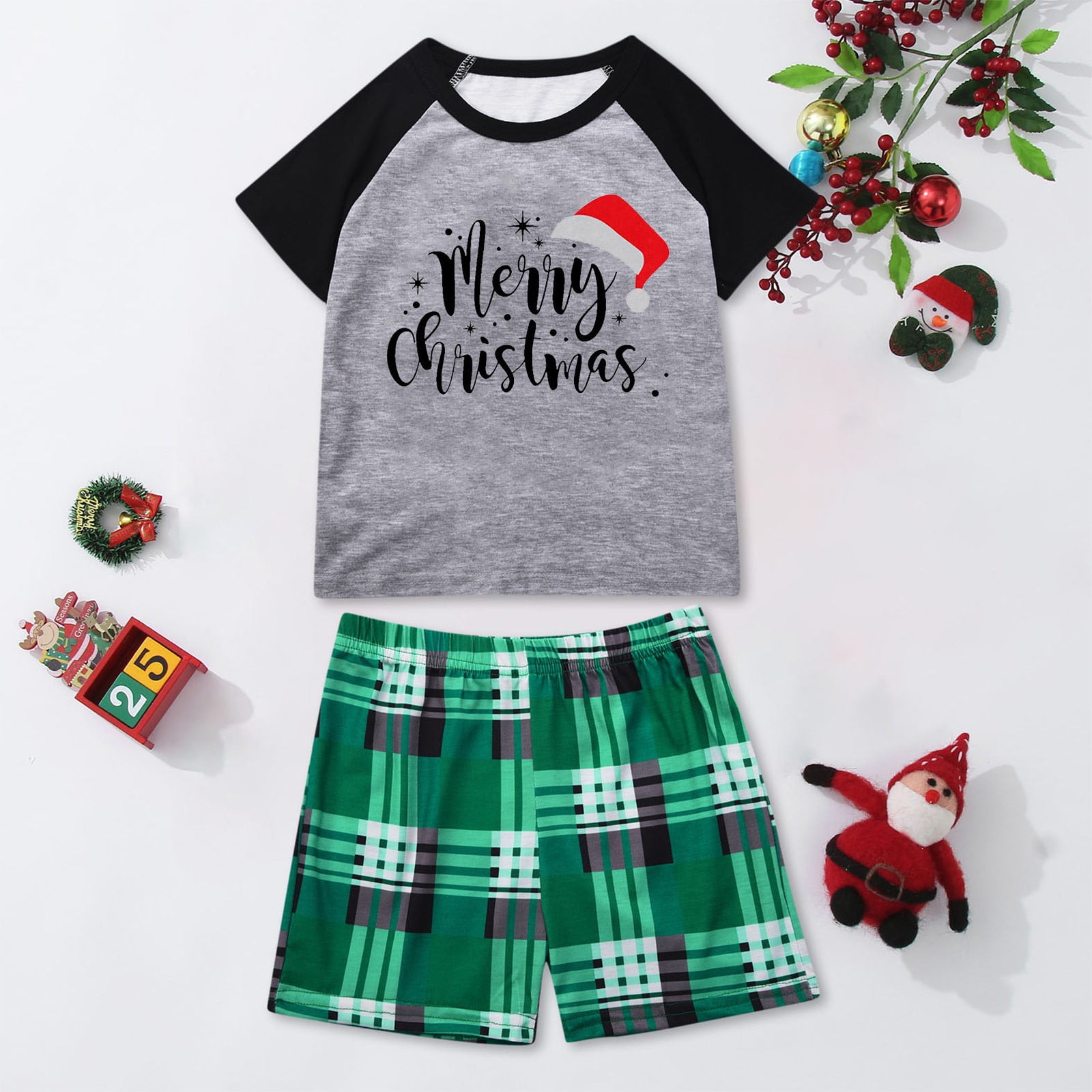 EQWLJWE Christmas Short Sleeve Family Pajamas Merry Christmas Santa S Hat Pajamas Round Neck Shirts Plaid Shorts Loose Matching Christmas Kids Pajamas Walmart