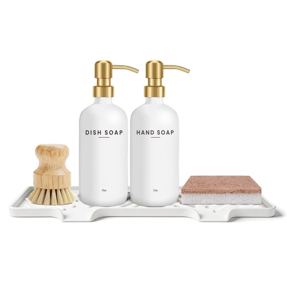 Kitchen Soap Dispenser Set - 17fl oz Glass Bottle, Stainless Steel Pump, Instant Dry Tray and Dish Brush for Bathroom, Office, Hotel, Modern Kitchen Decor & Accessories, Gold