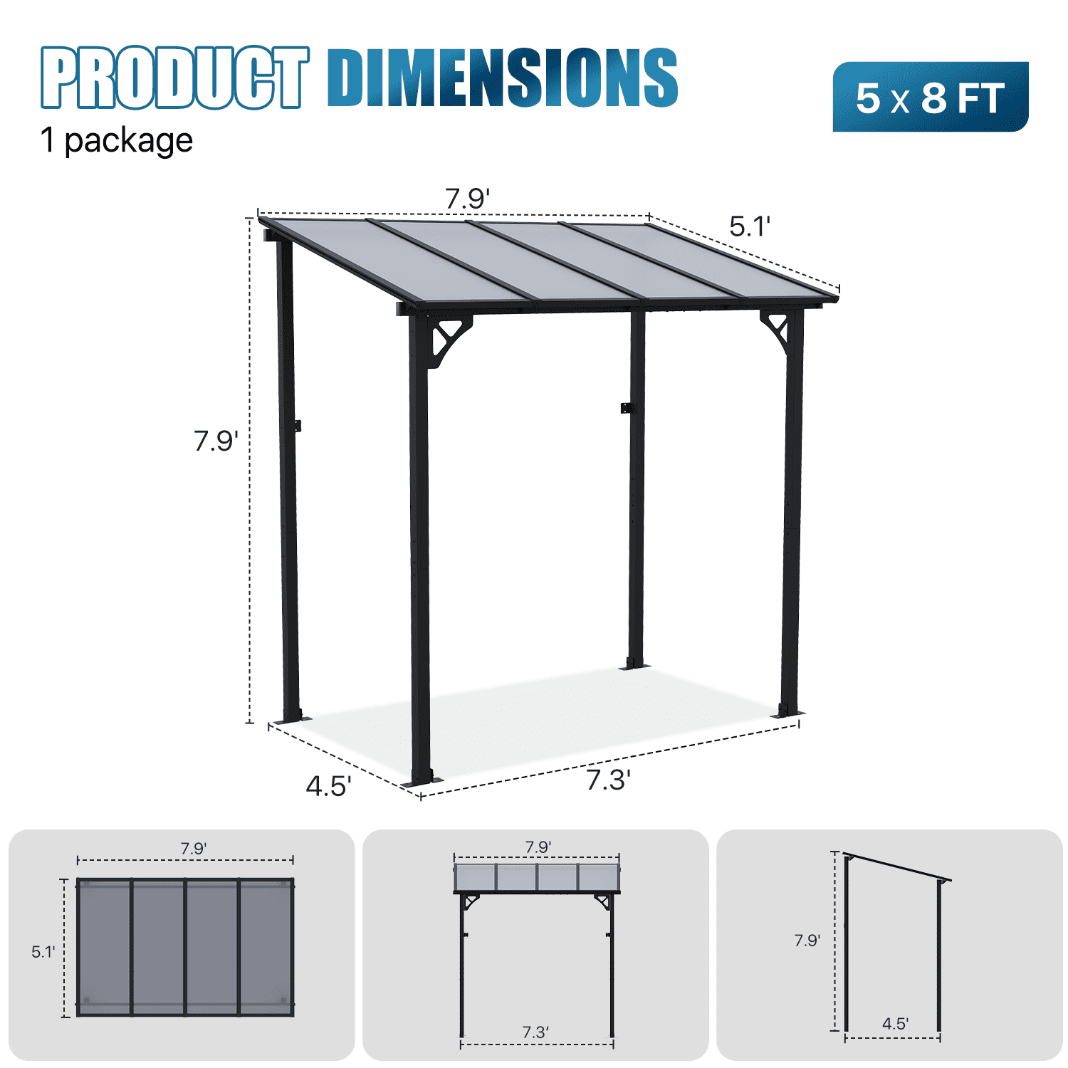 BaPiPro Outdoor Hardtop Gazebo for Patio 8' x 5', Wall-Mounted Lean to Gazebo Pergola with Roof