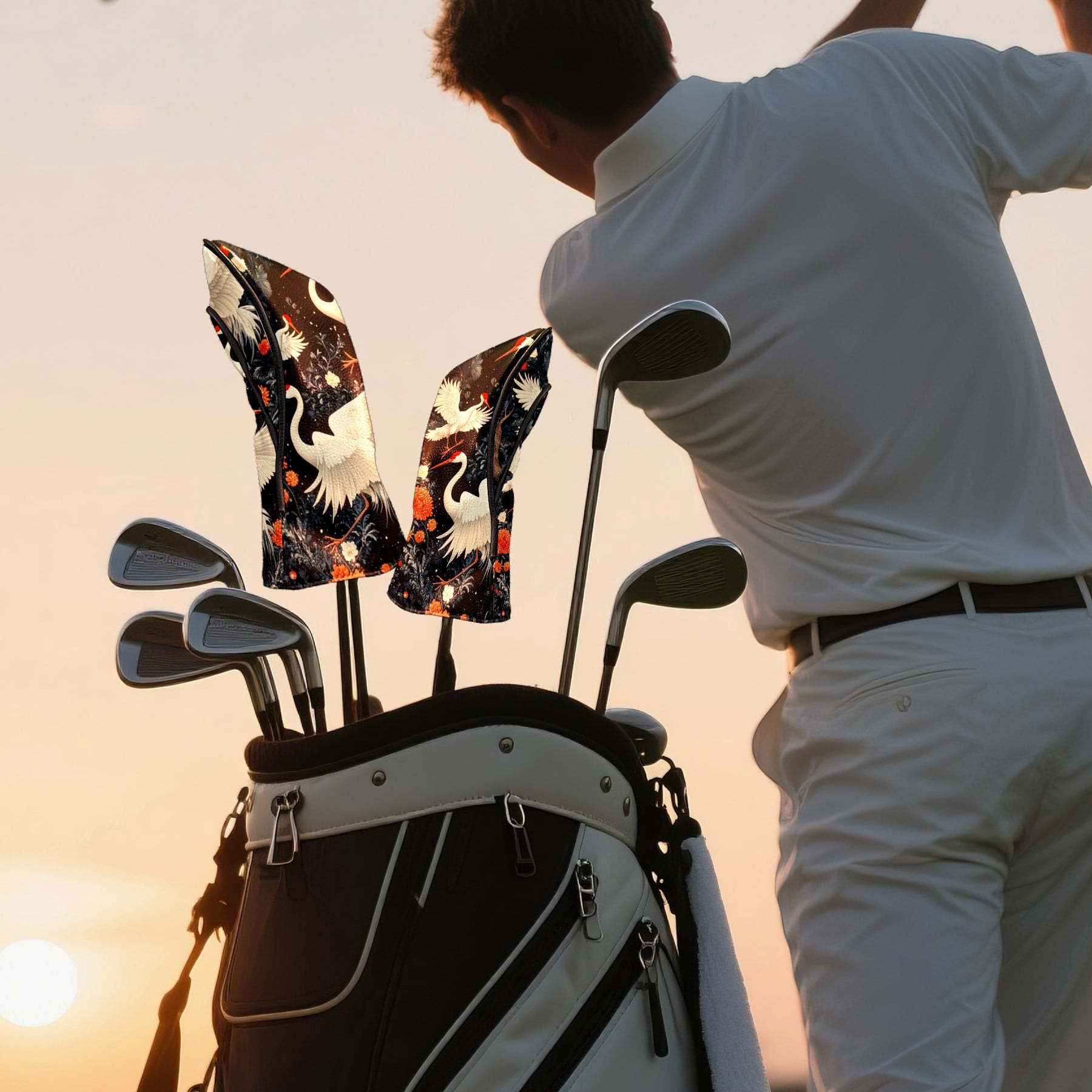 Golf Head Covers - White Crane Design, Premium Waterproof PU Leather, Plush Lining, Fits Driver/Hybrid, Elegant Bird Golf Gift