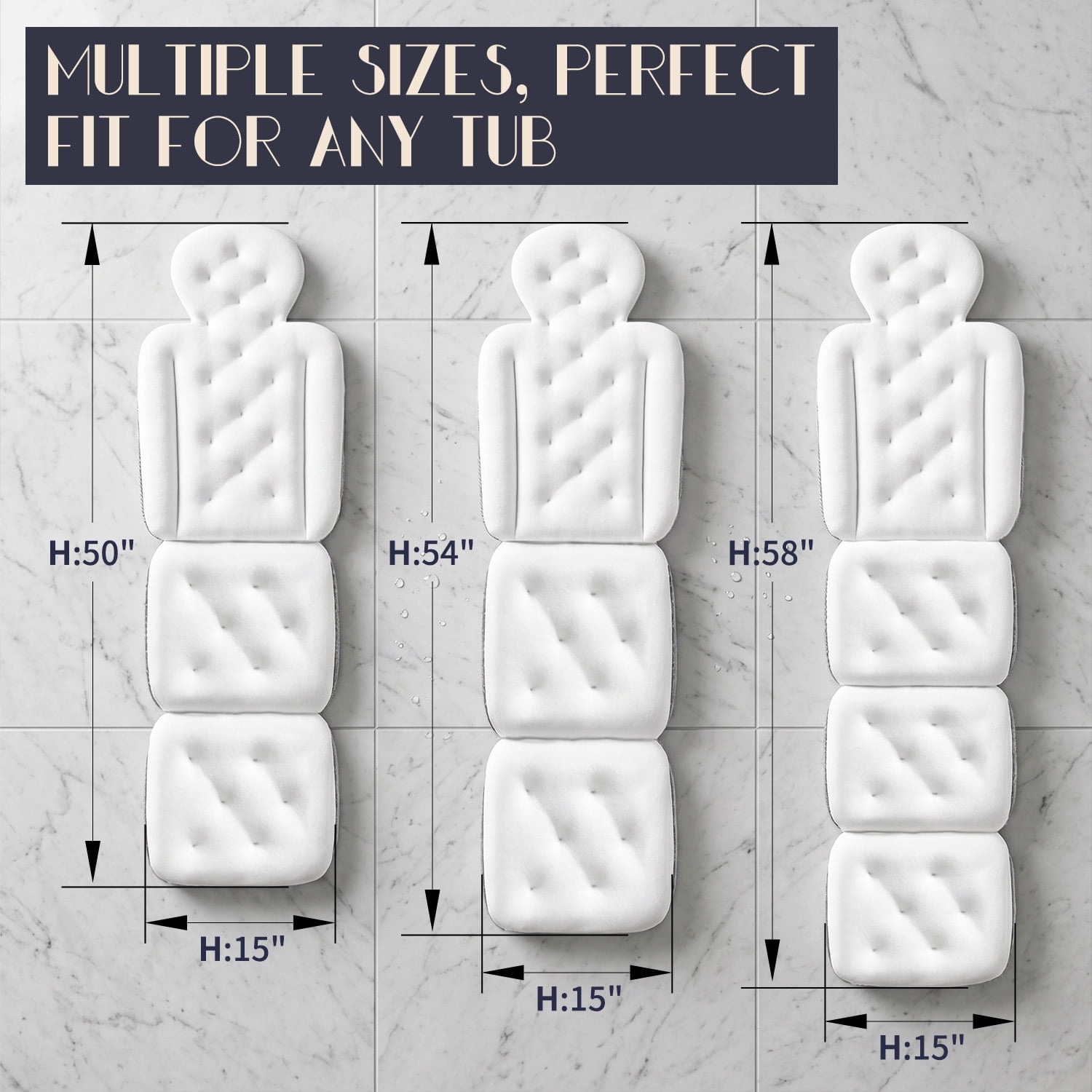 VOXOR Full Body Bath Pillow, 50"x15" x 2" Thick Bathtub Cushion with Suction Cups for Head, Neck & Back Support Pearl White