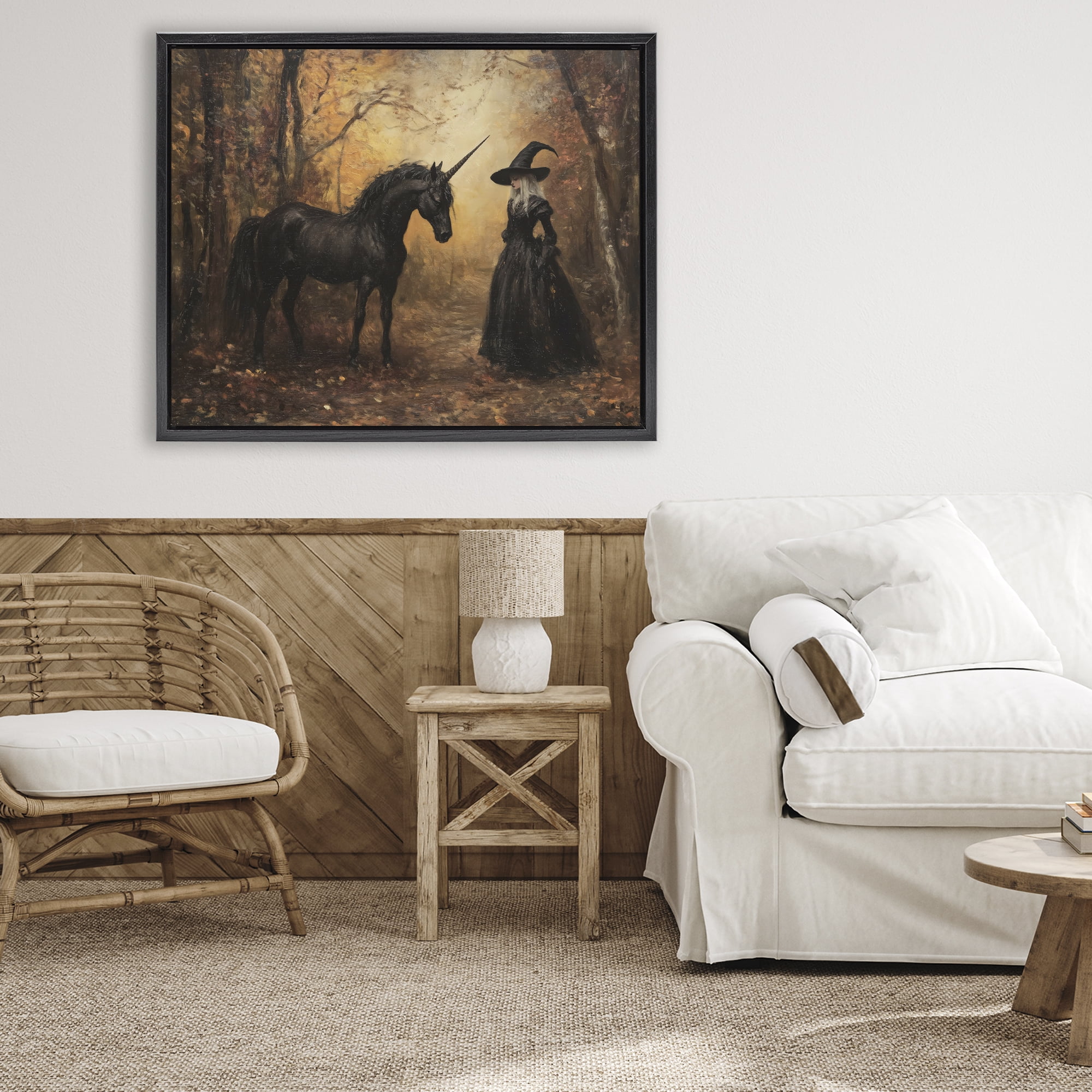 Witch & Black Unicorn Black Framed Floater Canvas Wall Art, design by Arlington Prints