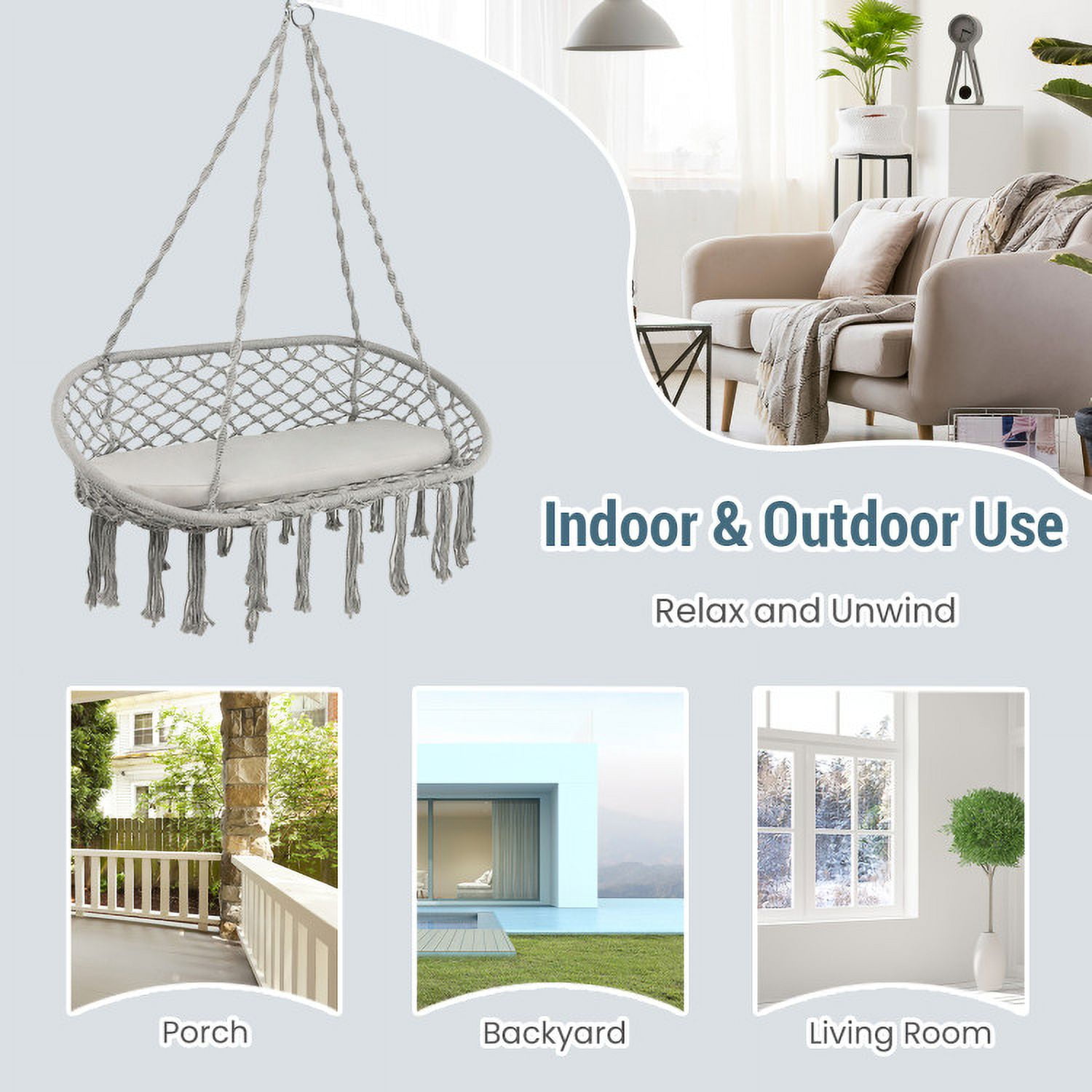 Aimee Lii 2 Person Hanging Hammock Chair with Cushion Macrame Swing, Patio Swing Chair, Gray