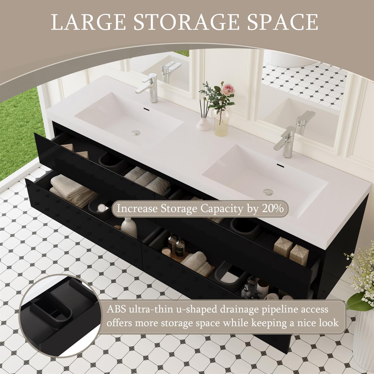 Demi Bonn 72" Floating Bathroom Vanity with Sink, Double Resin Top Basin and 4 Soft Close Drawers, Faucets and Drains Not Included, Black