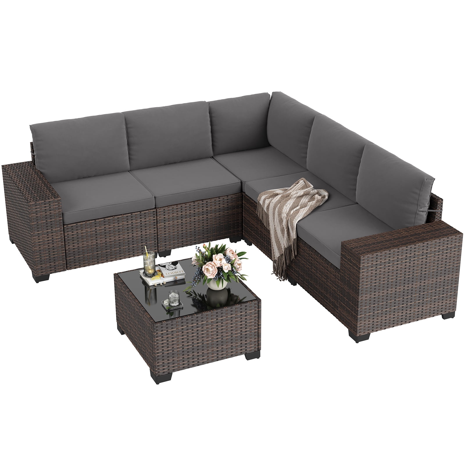 STARY 6 Pieces Outdoor Sectional Sofa with Wide Armrests, Patio Conversation Set, PE Rattan Furniture Set for Backyard, Grey