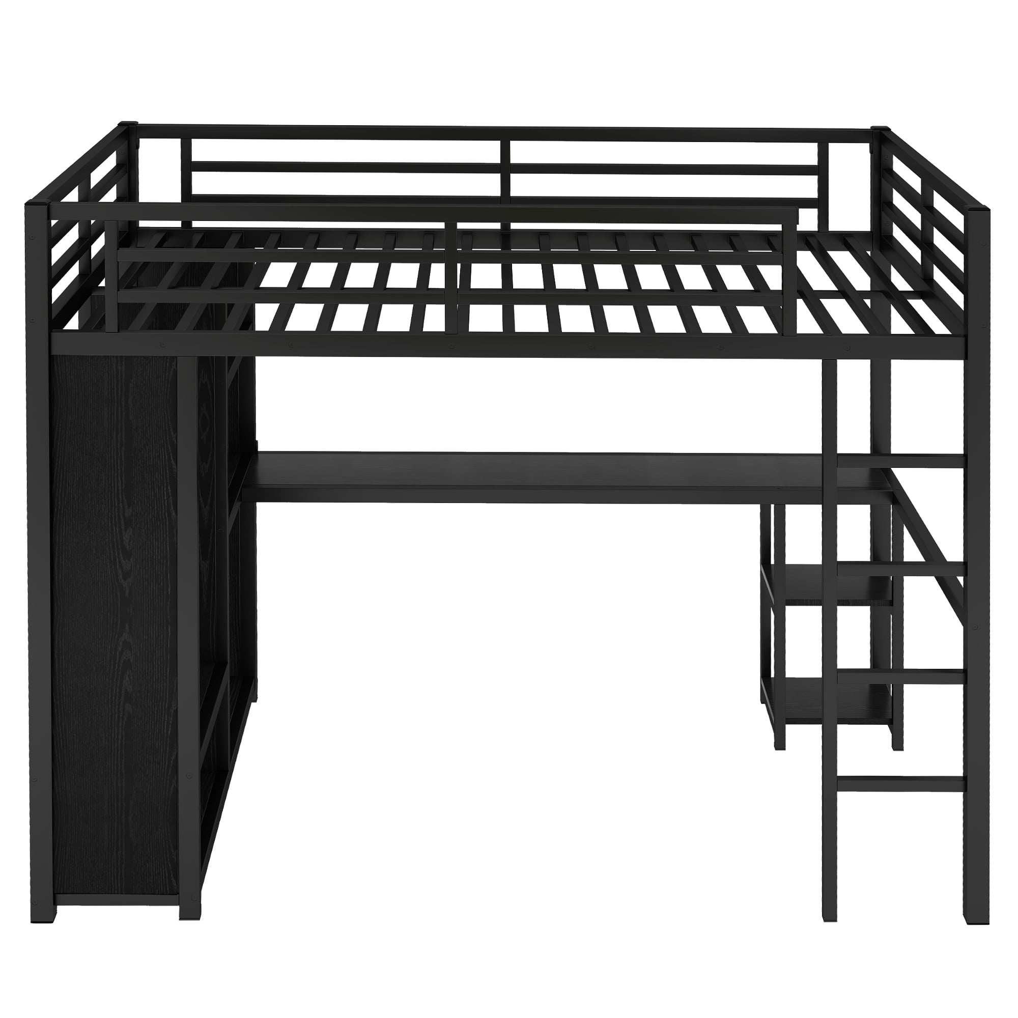 HOQBN Loft Bed Full Size with Built-in Wardrob,Metal Loft Bed Frame with Desk and Storage Shelves,Black
