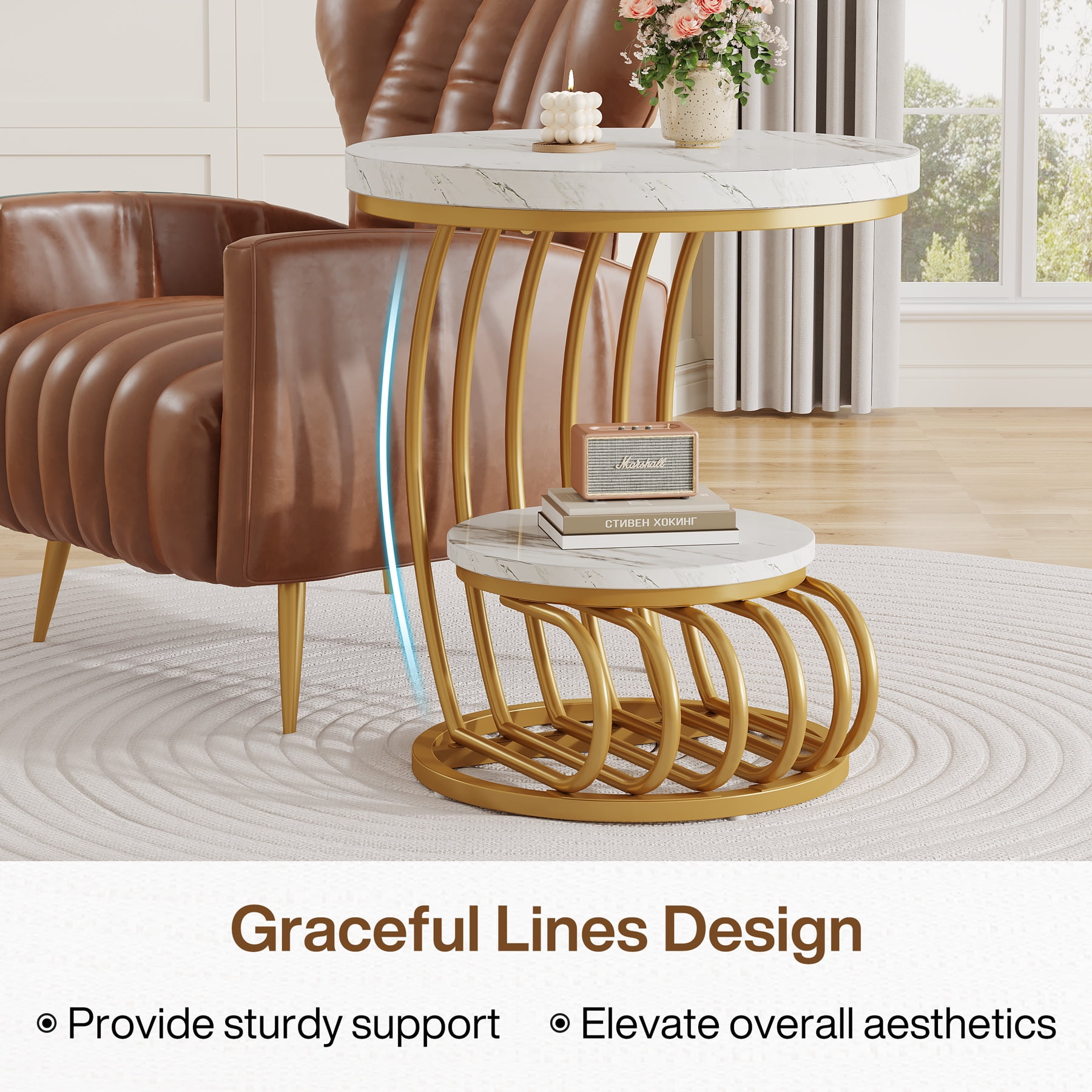 Tribesigns Gold Round End Table, 2 Tiers Faux Marble Side Table with Storage Shelf, Metal Arc-Shaped Frame Accent Table for Living Room, Bedroom