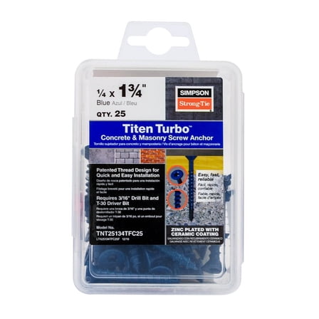 Simpson TNT25134TFC25 1/4 x1-3/4  Flat Head Titen Turbo Concrete Screws 25-Pk