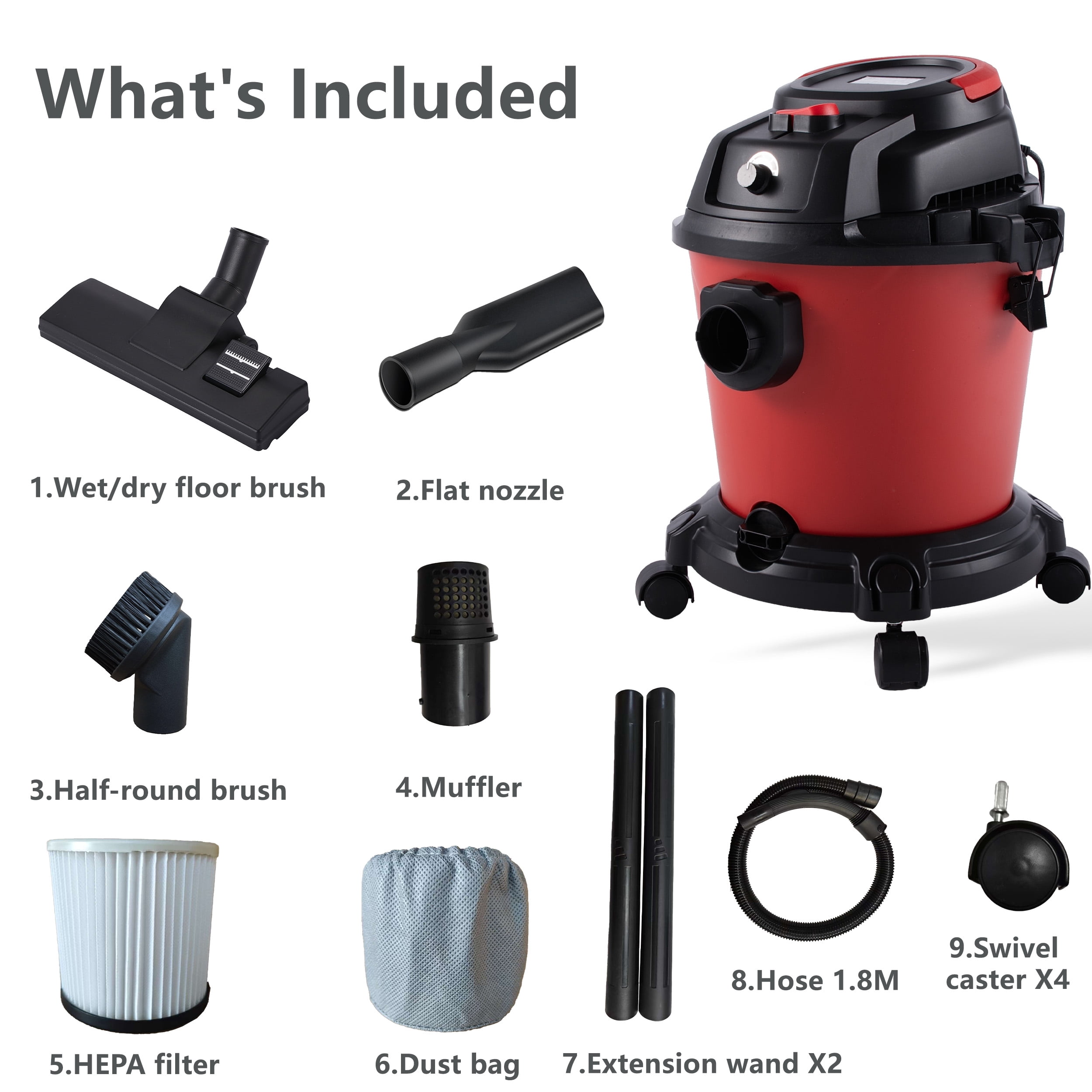 5 Gallon Wet Dry Vac, 4.3 Peak HP 3 in 1 Shop Vacuum with Blower & Variable Speed, for Car Floor Upholstery Gap Cleaning – Red