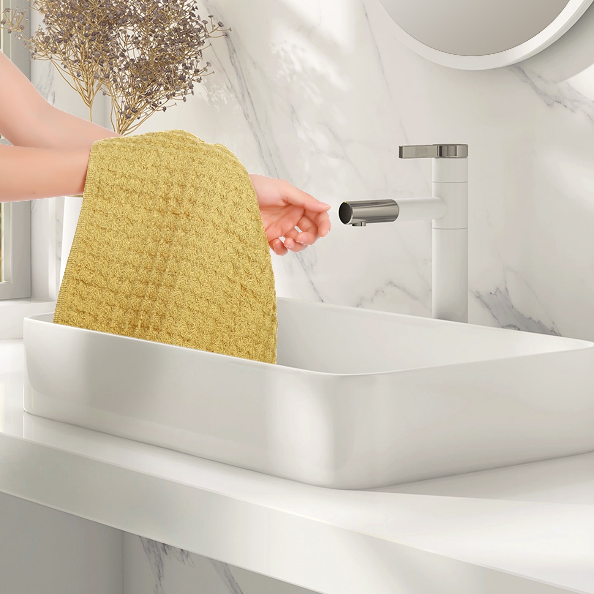 Unique Bargains Cotton Highly Absorbent Hand Towels 14 x 32 Inches for Bathroom Kitchen Yellow 4pk