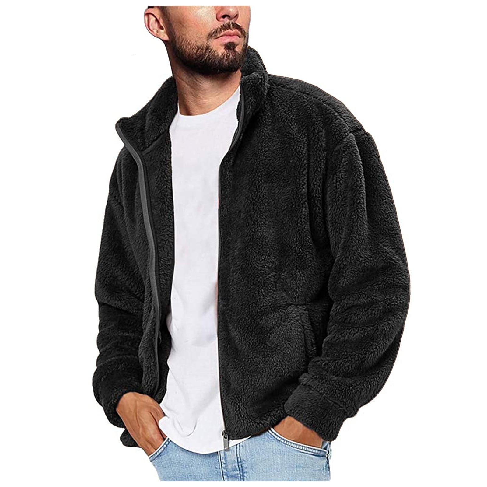 Stoota Men's Relaxed Fit Fleece Zipper Coat Winter Keep Warm Sherpa Jacket Casual Solid Color Stand Collar Outwear Coat