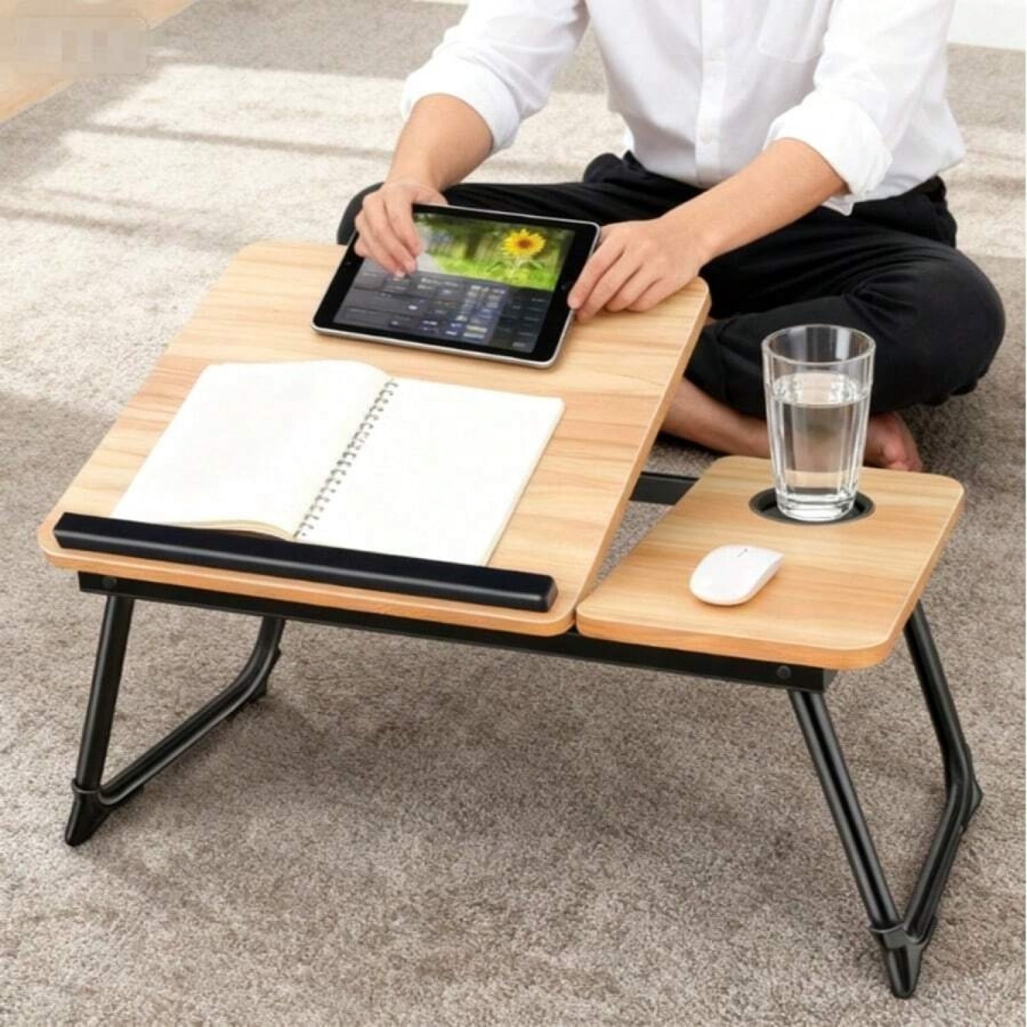 odorsTT Laptop Desk For Bed Or Couch, Folding Bed Tray with Cup Holder, Portable Legs Desk for Working Reading Writing Breakfast, Laptop Stand for Bed - Peach Wood Color