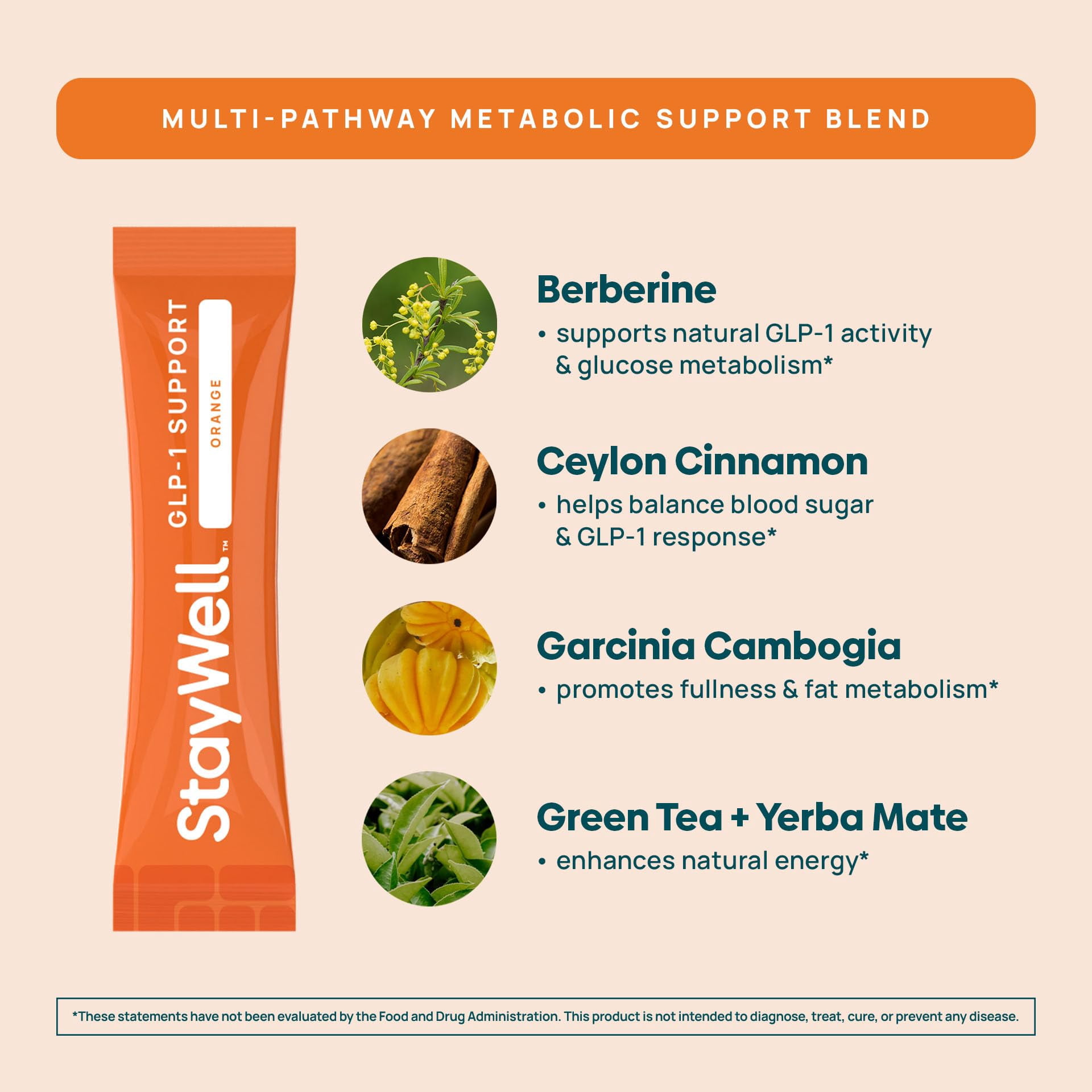 GLP-1 Supplement | Natural GLP-1 Production | GLP 1 Booster Drink Mix to Control Appetite and Cravings | Great Tasting Metabolic Support - Yerba Mate, Garcinia Cambogia, Berberine [Orange]