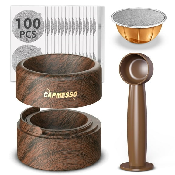 CAPMESSO Reusable Vertuo Pod Refill Kit , Wood Grain Holder with Aluminum Foils Lids