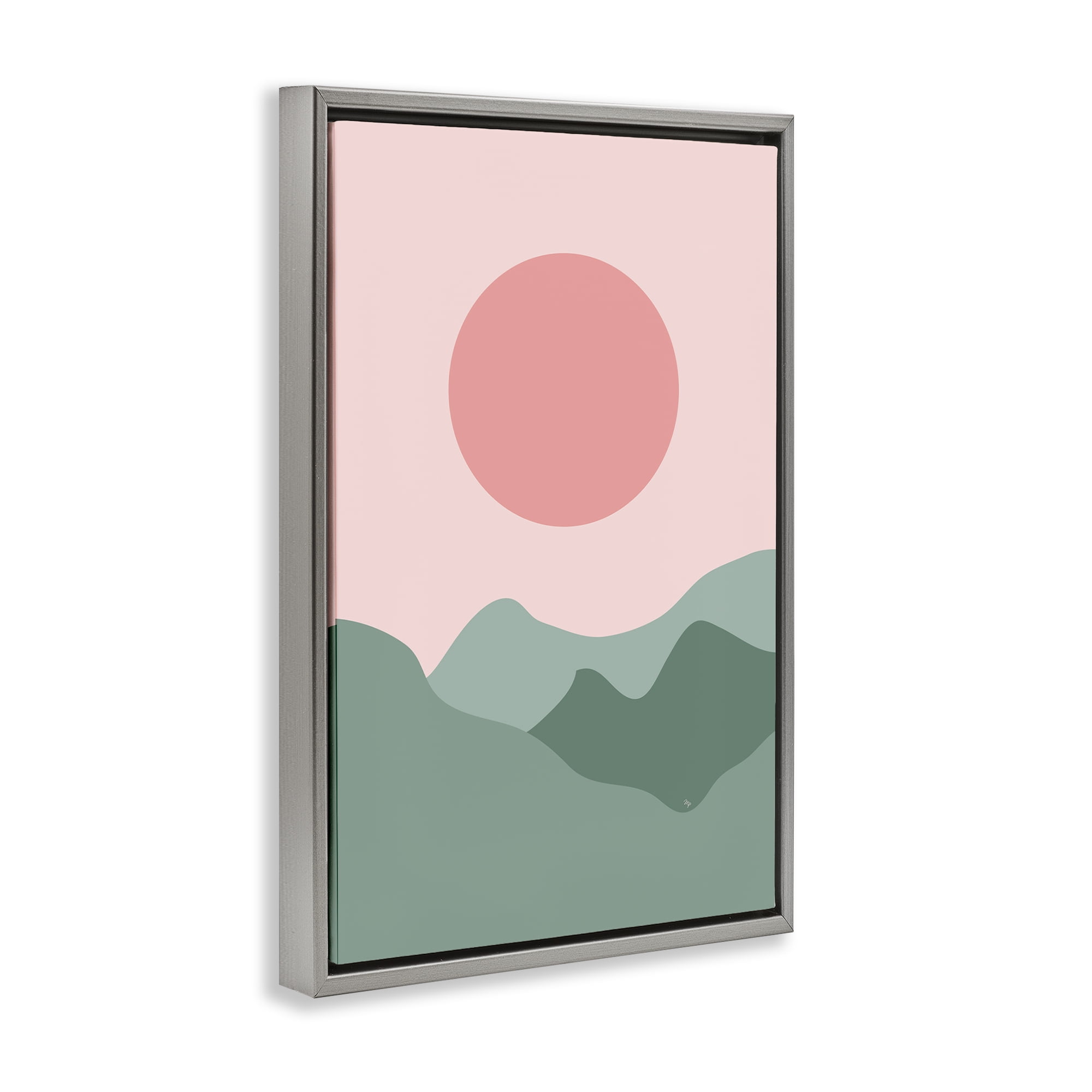 Stupell Industries Pink Sun Green Mountains Landscape & Nature Painting Gray Floater Framed Canvas Art Print Wall Art, 17 x 25